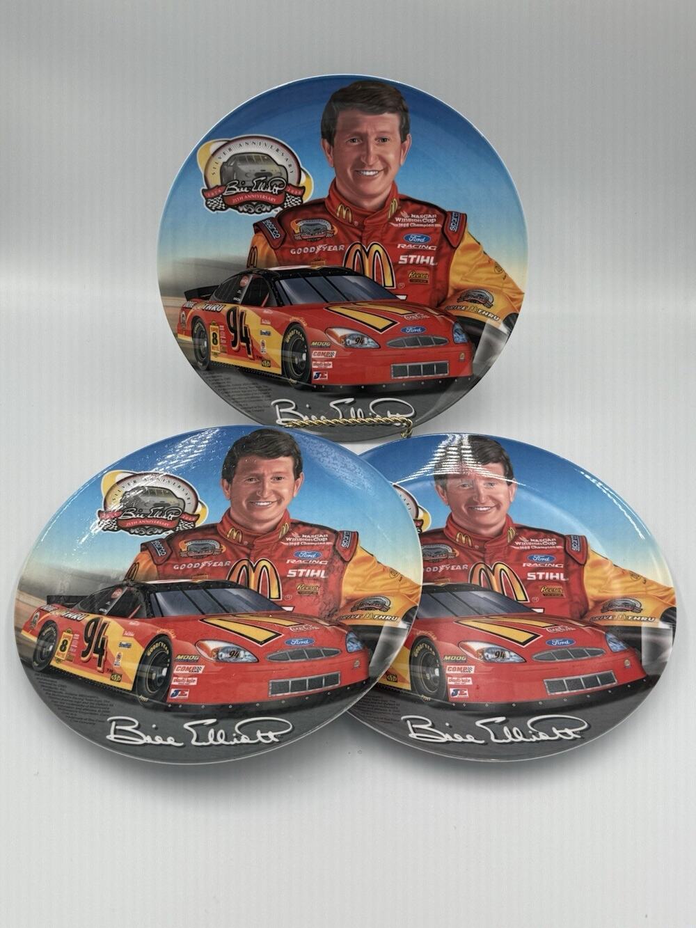 Set of 3 Bill Elliott #94 NASCAR 25th Anniversary McDonalds Plate 9.5"